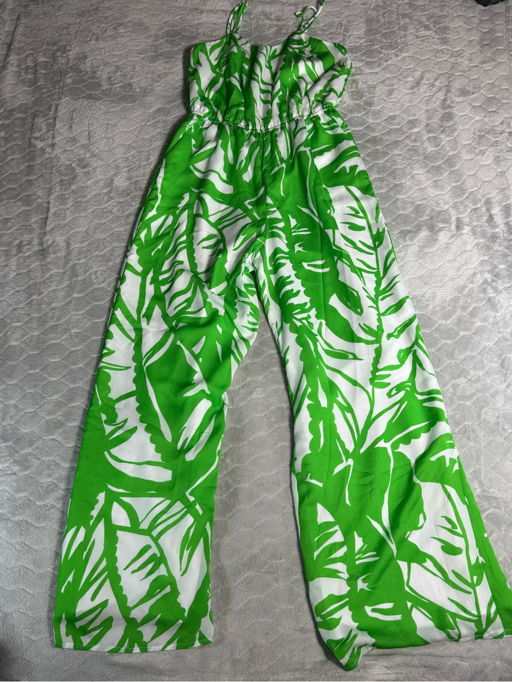 Lilly Pulitzer Green and White Leaf-Print Wide-Leg Jumpsuit